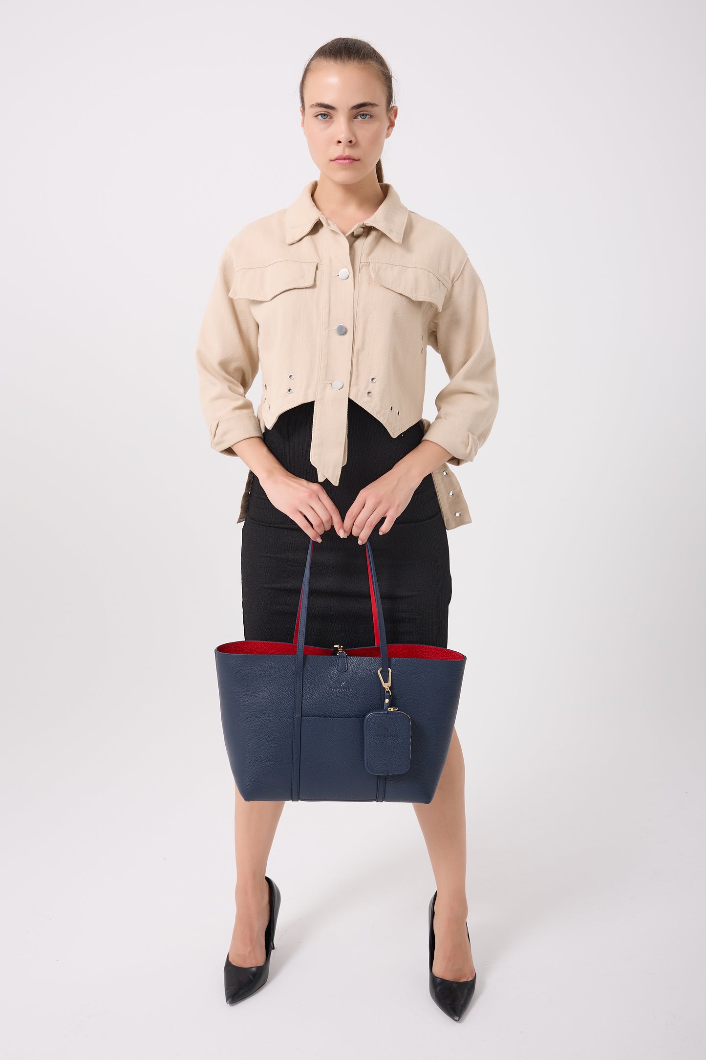 Duo Kadın Hakiki Deri Reversible Çift Taraflı Tote Çanta Lacivert & Kırmızı