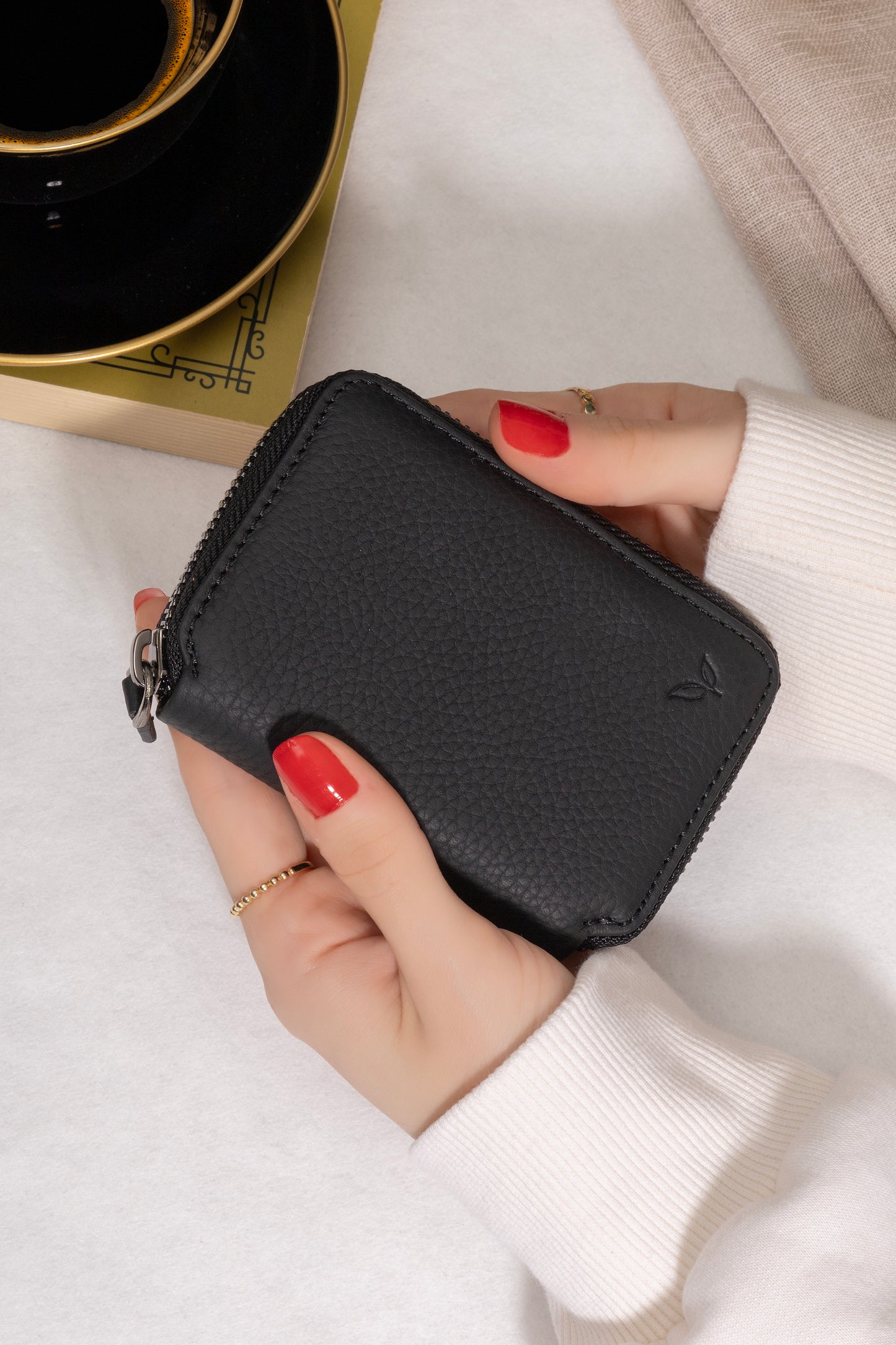 Zeas - Unisex Siyah Zip Around Hakiki Deri Cüzdan