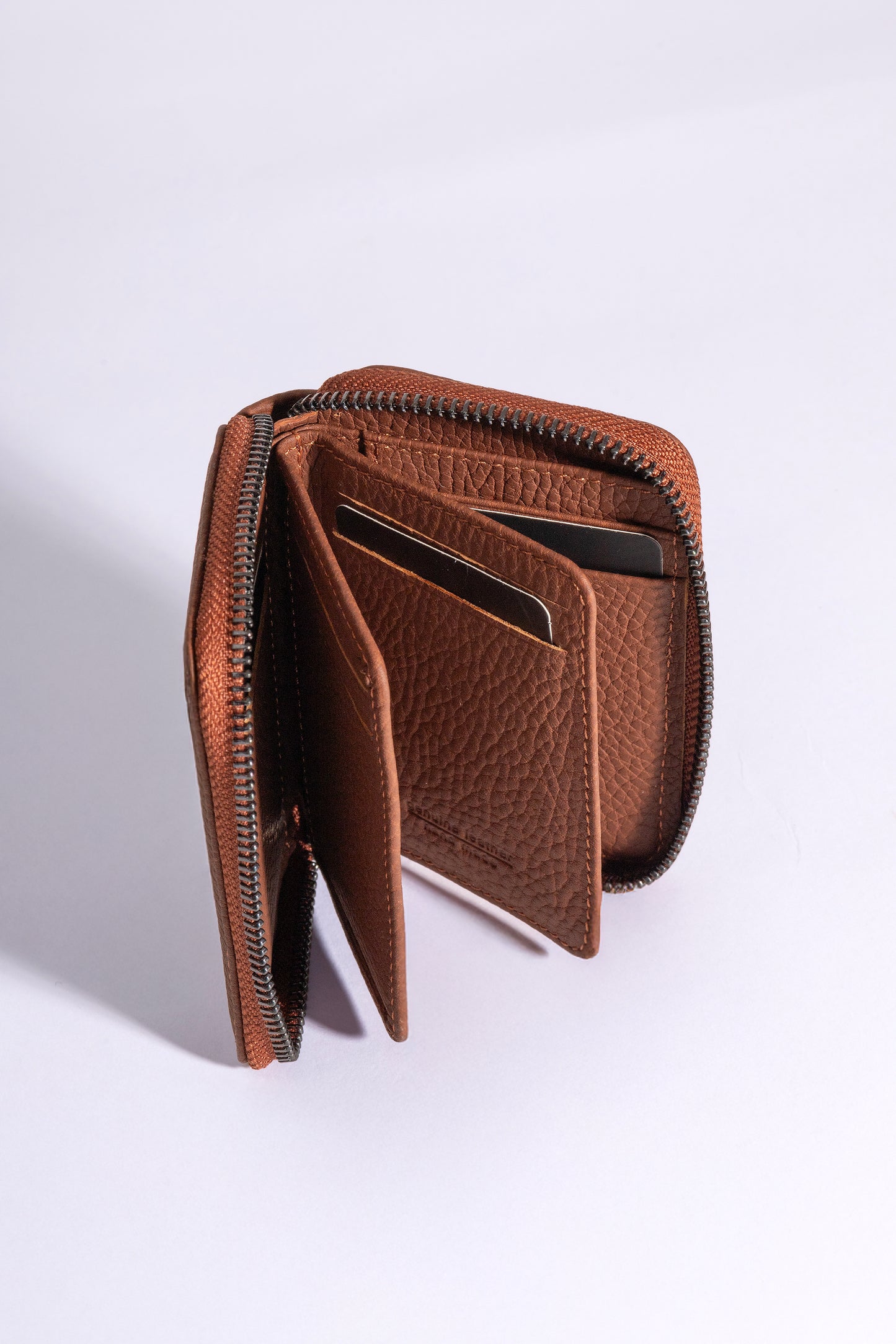 Zeas - Unisex Taba Zip Around Hakiki Deri Cüzdan