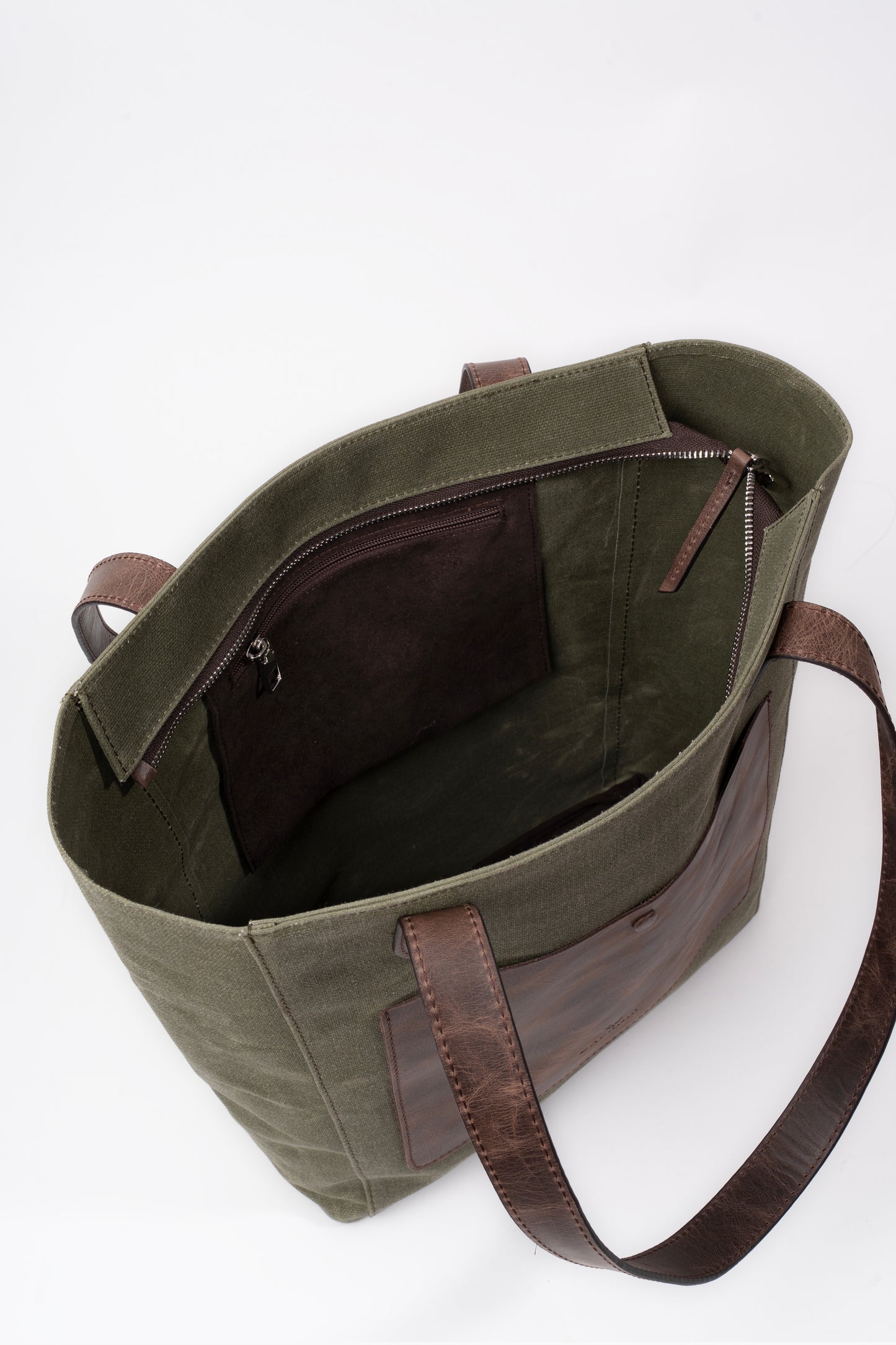 Daphne Everyday Large Kanvas Tote - Haki Omuz Çantası (Hakiki Deri Garnili)