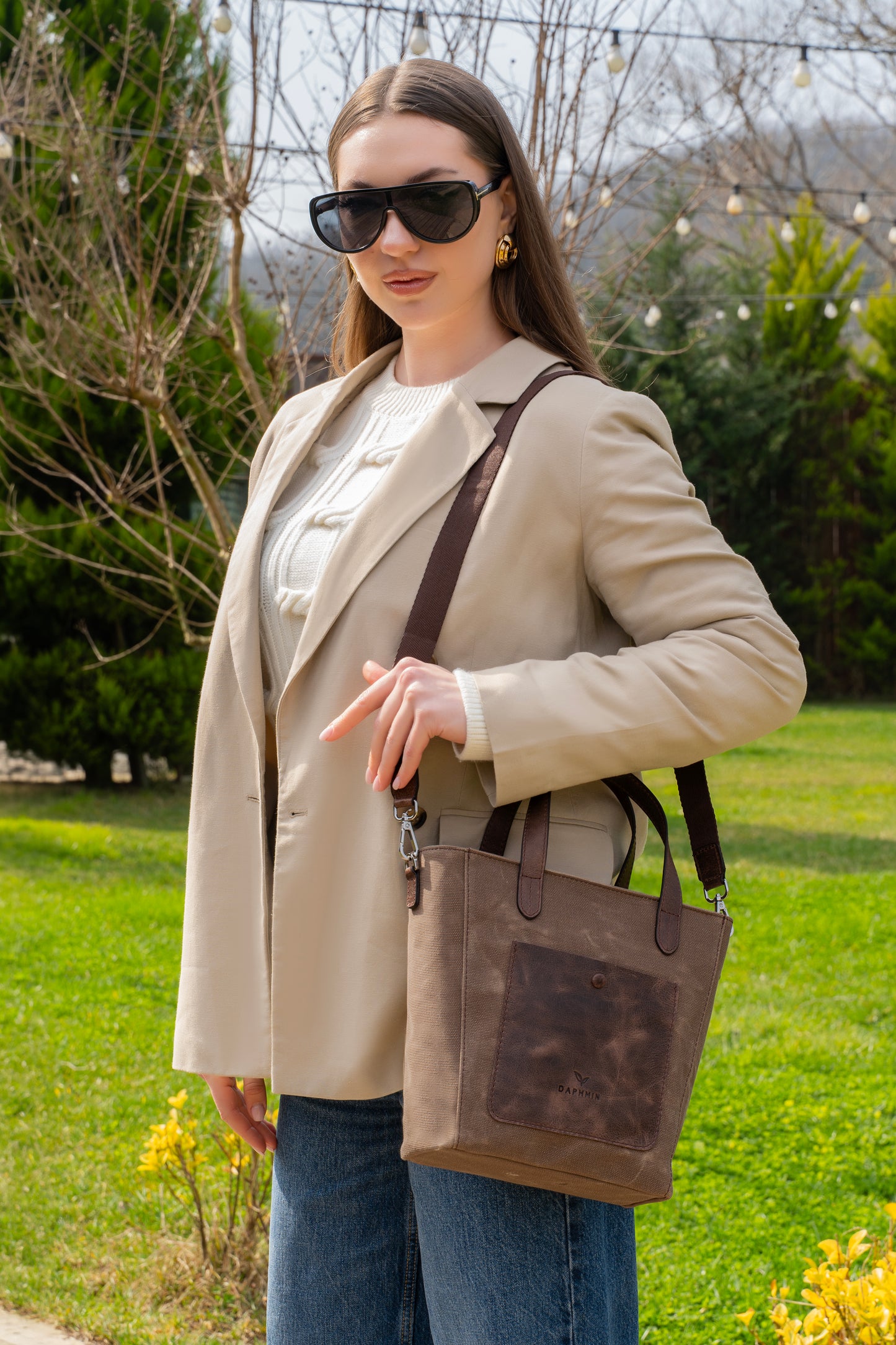 Daphne Flex Small Kanvas Tote - Kahverengi El ve Omuz Çantası (Hakiki Deri Garnili)