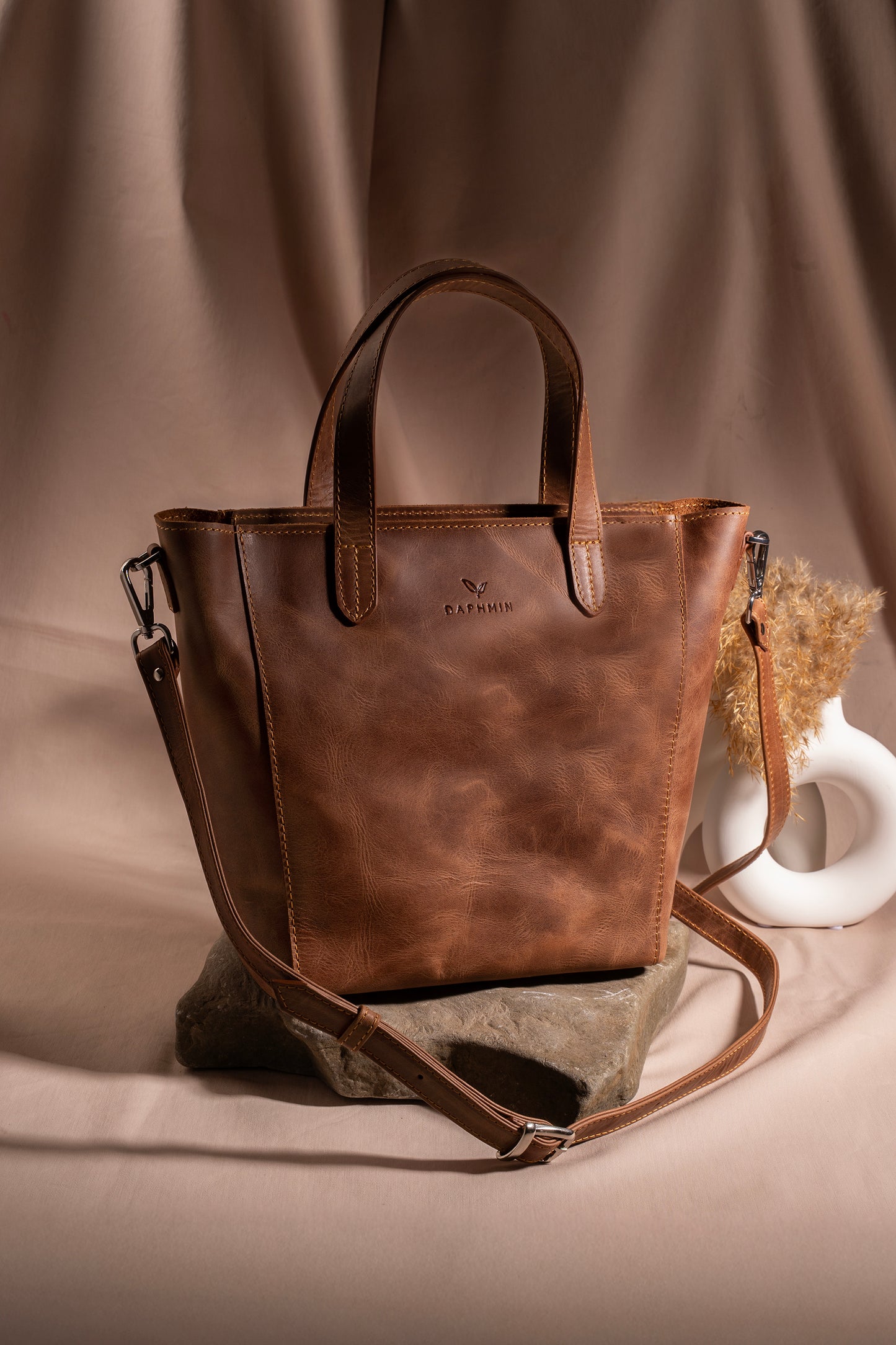 Daphne Flex Small Tote - Taba Hakiki Deri El ve Omuz Çantası