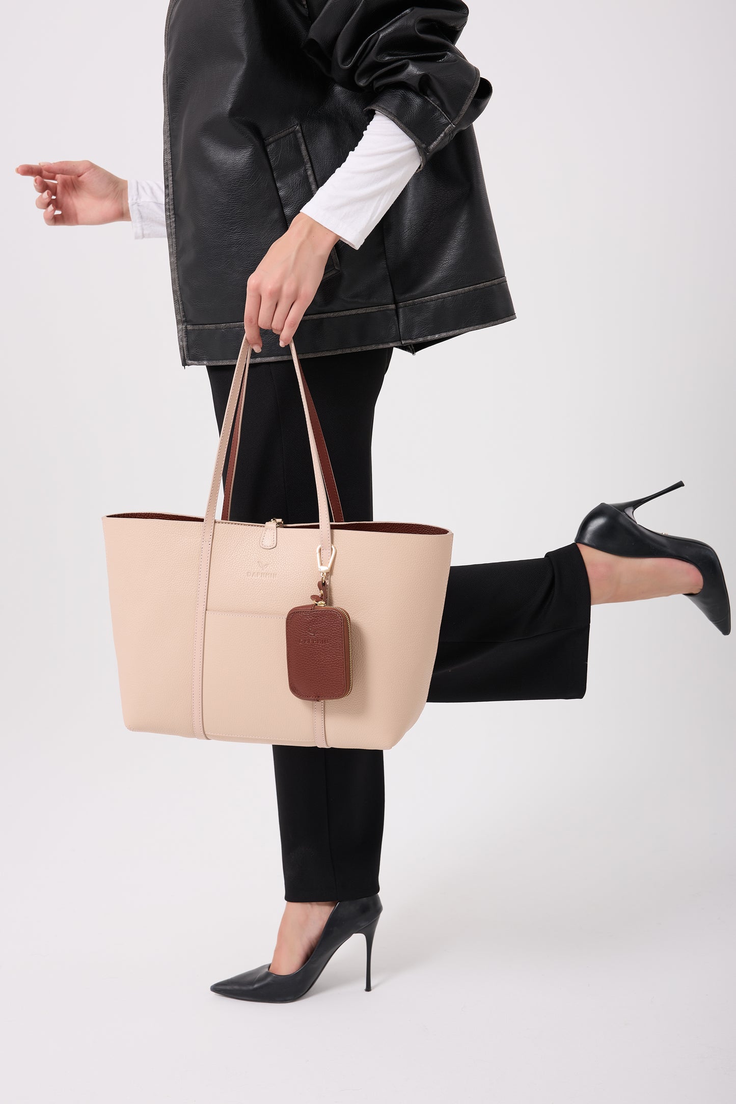 Duo Kadın Hakiki Deri Reversible Çift Taraflı Tote Çanta Pudra & Taba