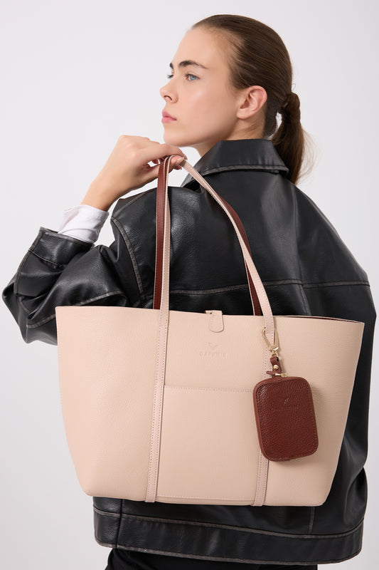 Duo Kadın Hakiki Deri Reversible Çift Taraflı Tote Çanta Pudra & Taba