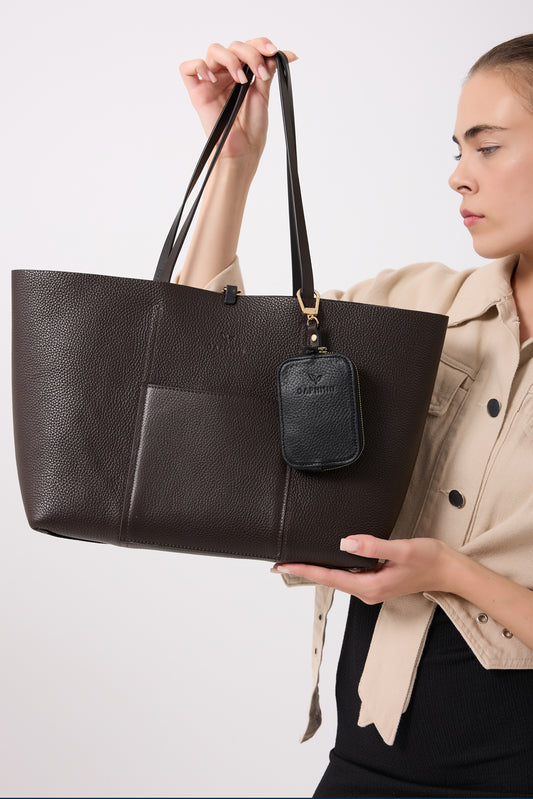 Duo Kadın Hakiki Deri Reversible Çift Taraflı Tote Çanta Kahverengi & Siyah