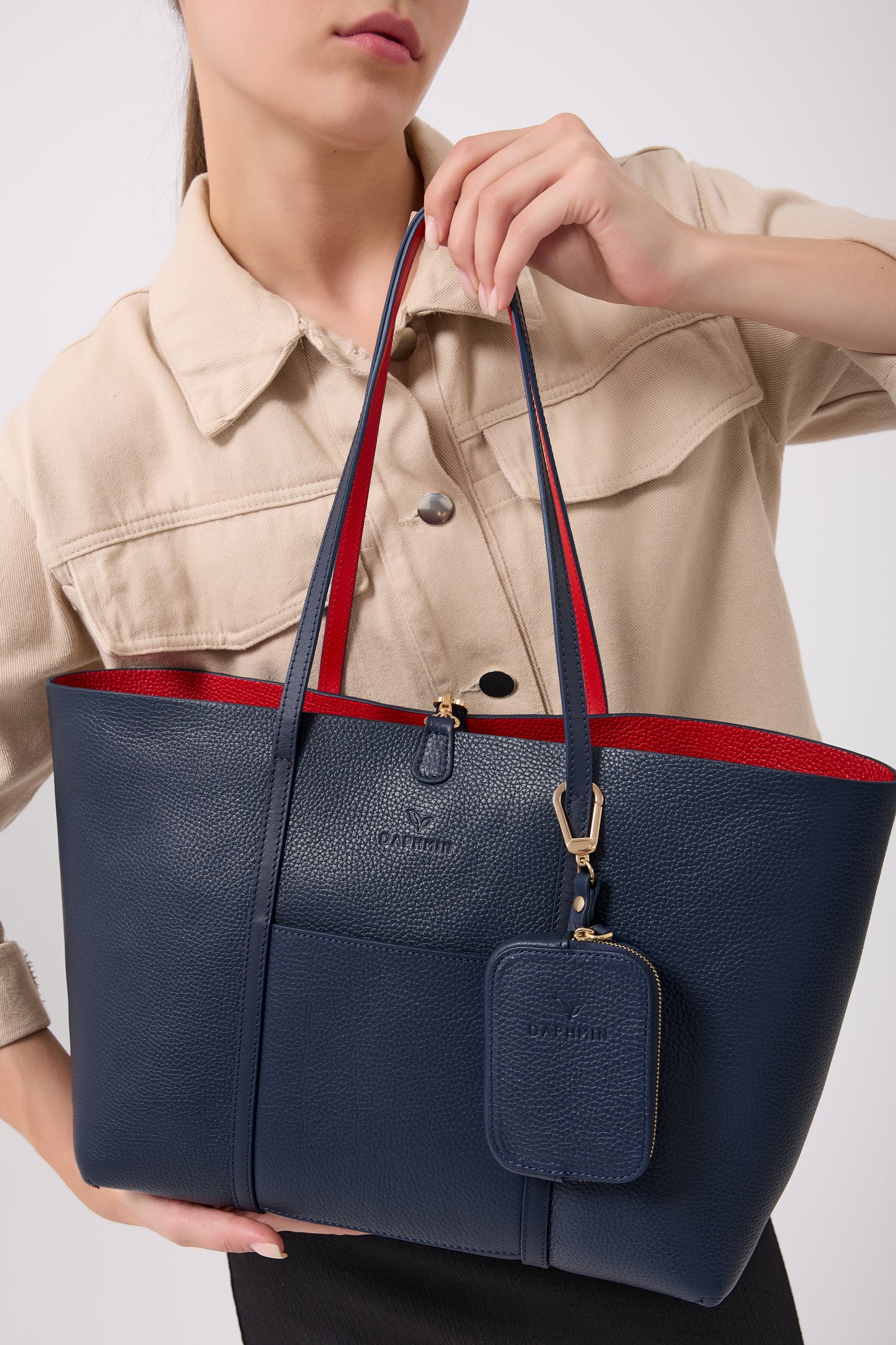 Duo Kadın Hakiki Deri Reversible Çift Taraflı Tote Çanta Lacivert & Kırmızı