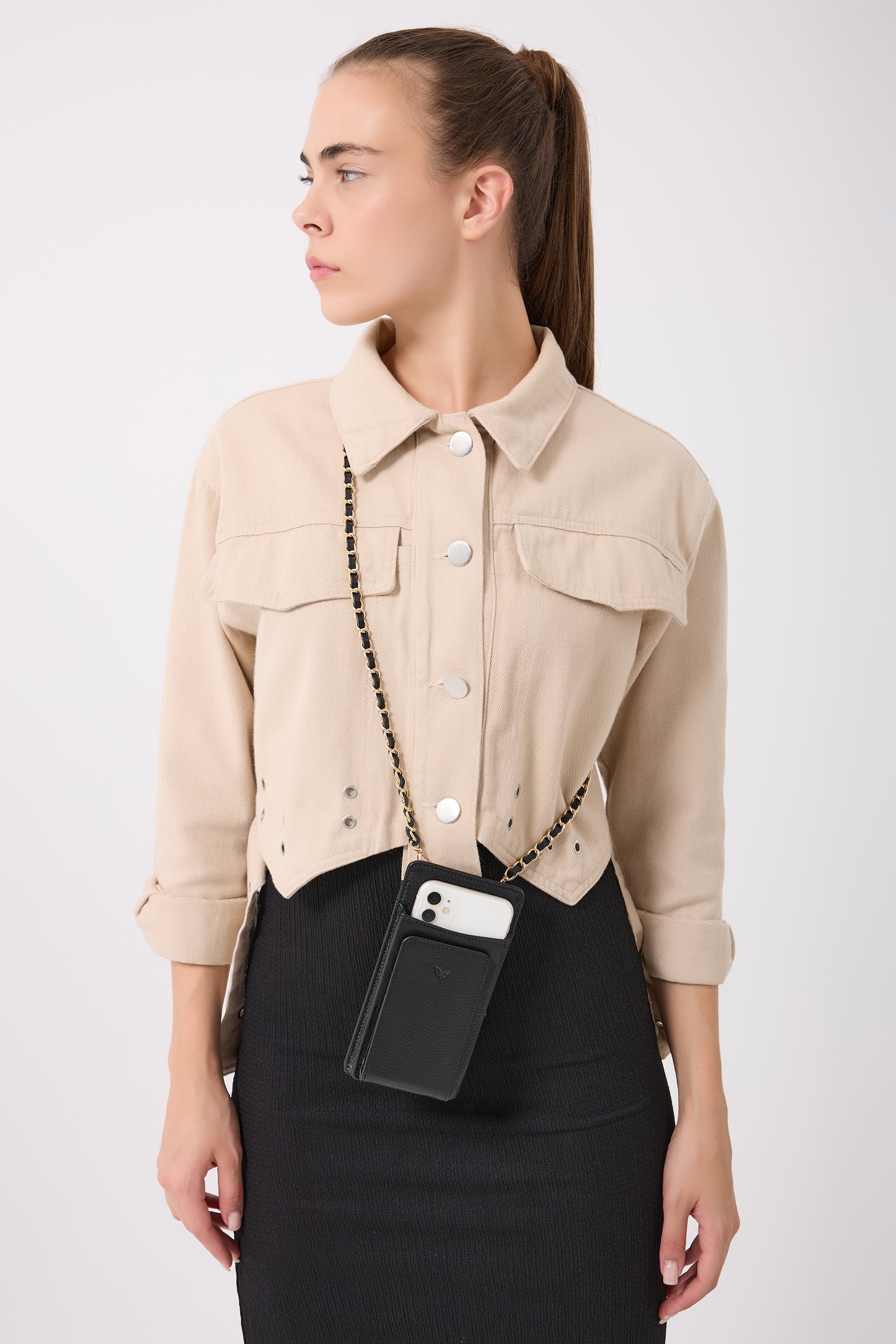 Laurel - Kadın Siyah Hakiki Deri Telefon Çantası ve Cüzdan (Gold Zincirli)