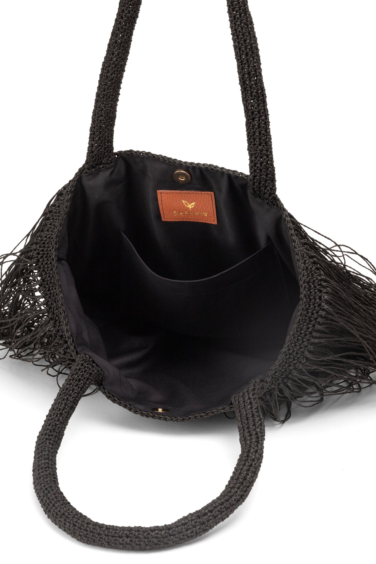 Straw-Look Fringed East-West Shoulder Bag – Black, image 4