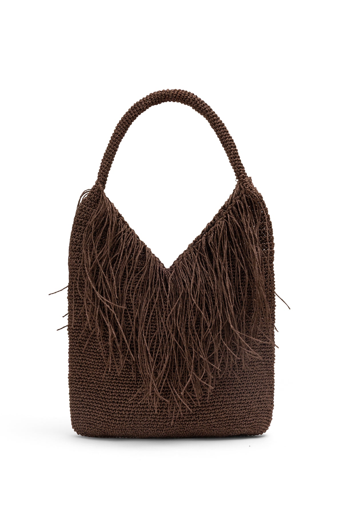 Straw-Look Fringed Shoulder Bag – Brown