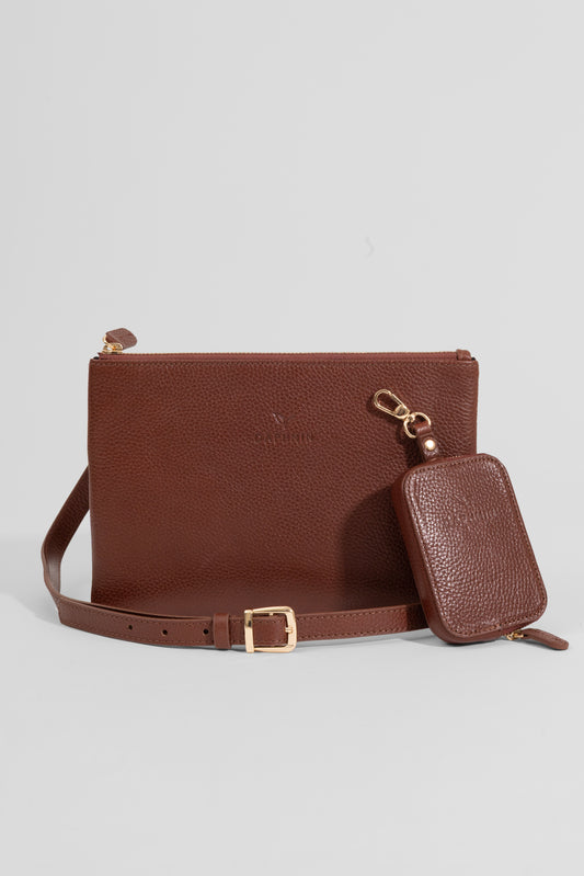 Carry Clutch - Kadın Hakiki Deri Omuz Askılı Taba Portföy/Çapraz Çanta