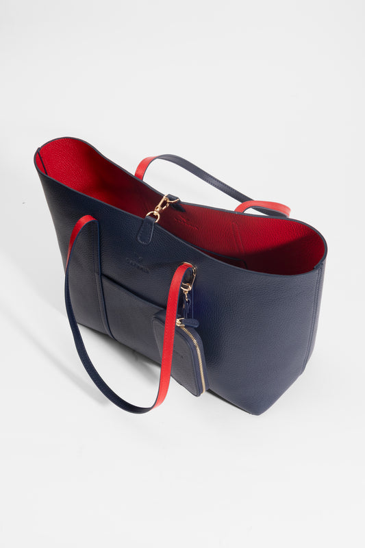 Duo Kadın Hakiki Deri Reversible Çift Taraflı Tote Çanta Lacivert & Kırmızı