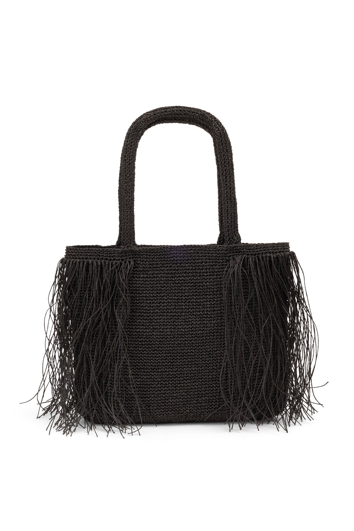 Straw-Look Fringed East-West Shoulder Bag Black
