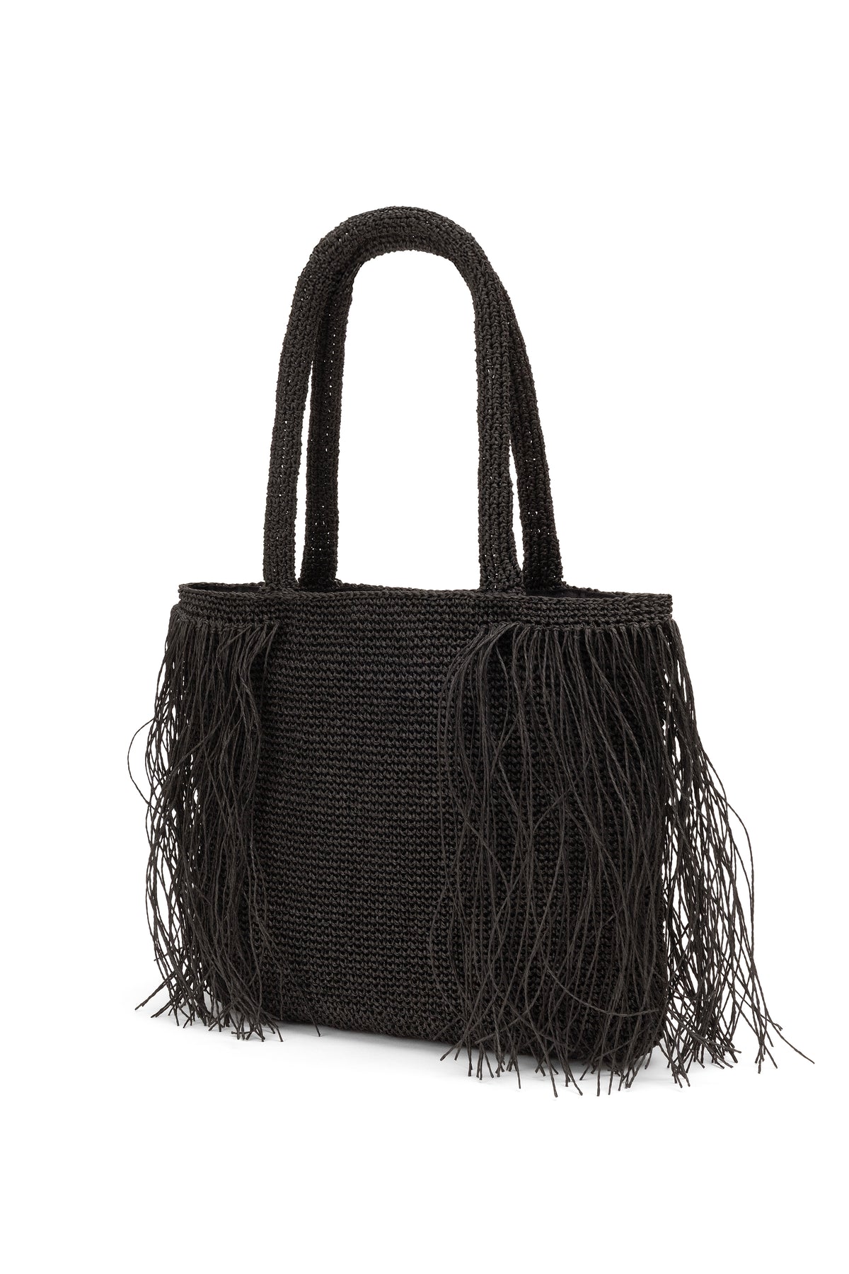 Straw-Look Fringed East-West Shoulder Bag – Black, image 3
