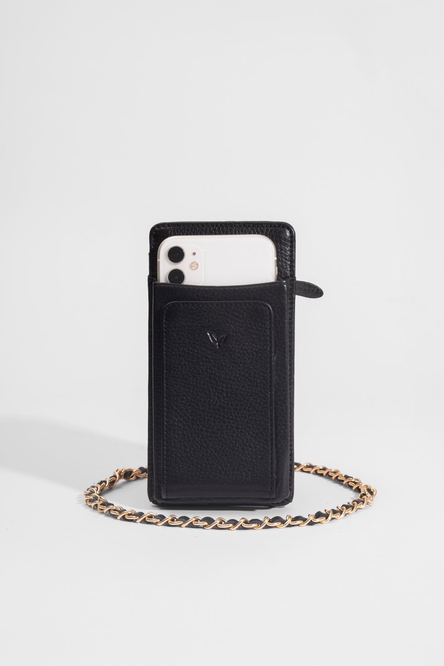 Laurel - Kadın Siyah Hakiki Deri Telefon Çantası ve Cüzdan (Gold Zincirli)