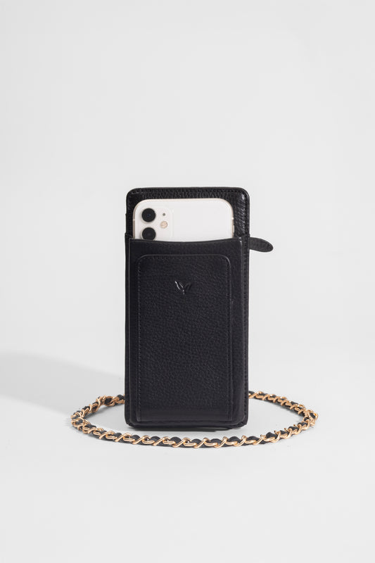 Laurel - Kadın Siyah Hakiki Deri Telefon Çantası ve Cüzdan (Gold Zincirli)