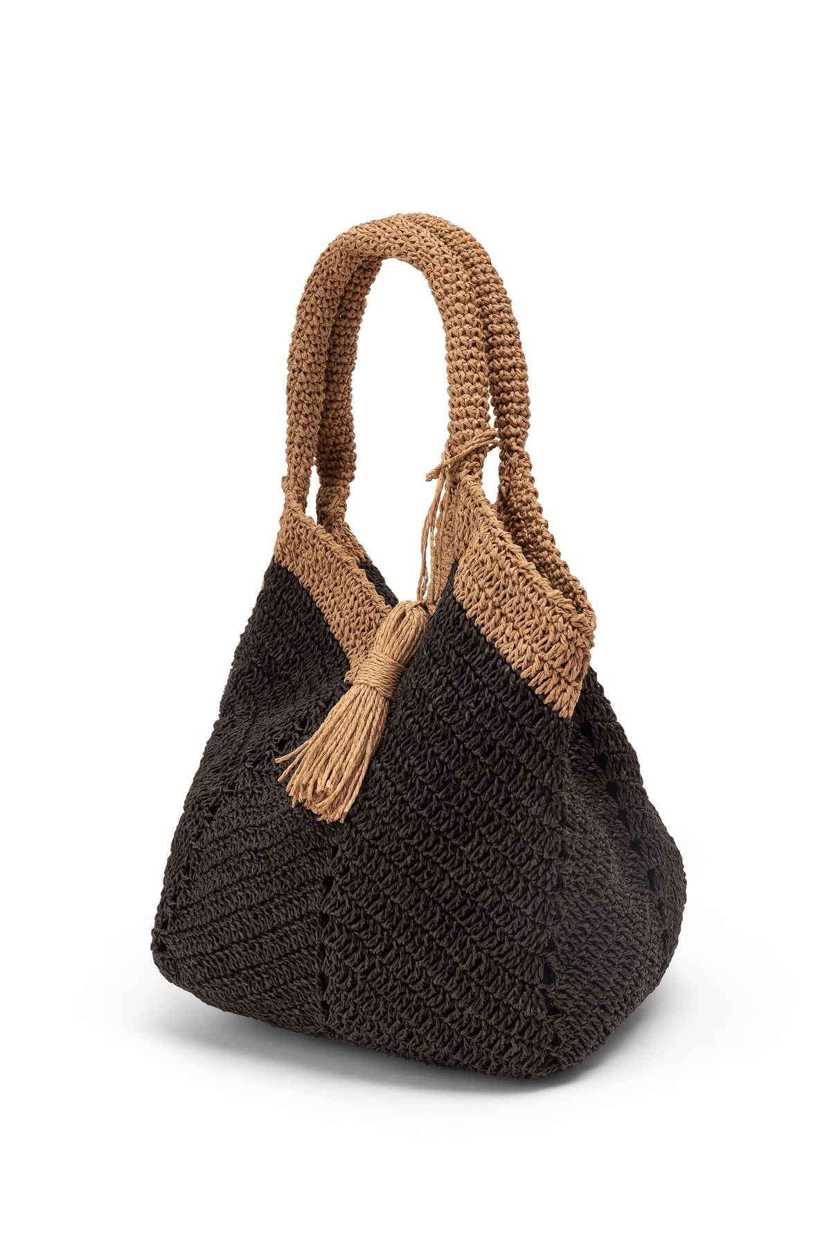 Straw-Look Tasselled Shoulder Bag – Black, image 3