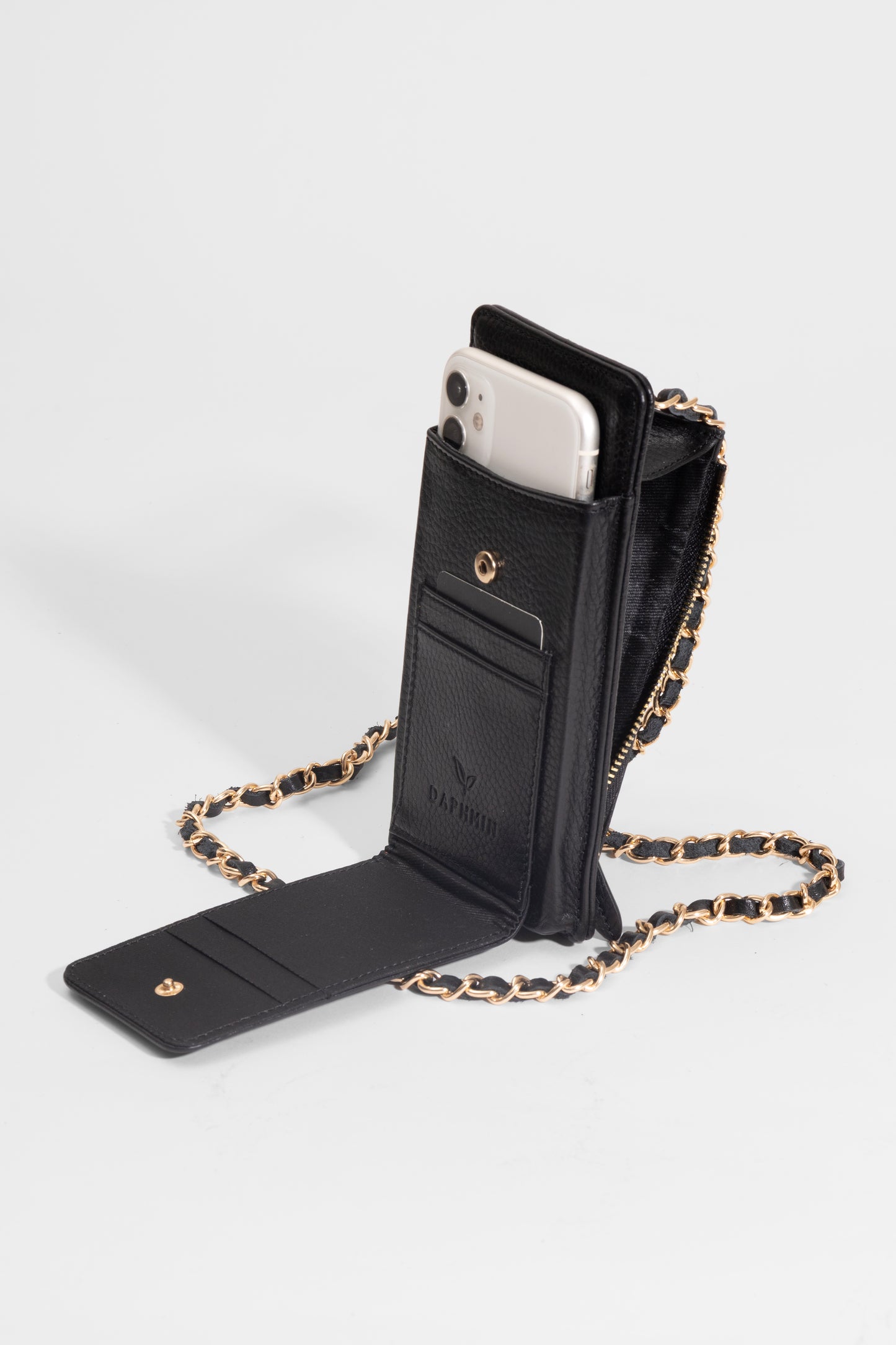 Laurel - Kadın Siyah Hakiki Deri Telefon Çantası ve Cüzdan (Gold Zincirli)