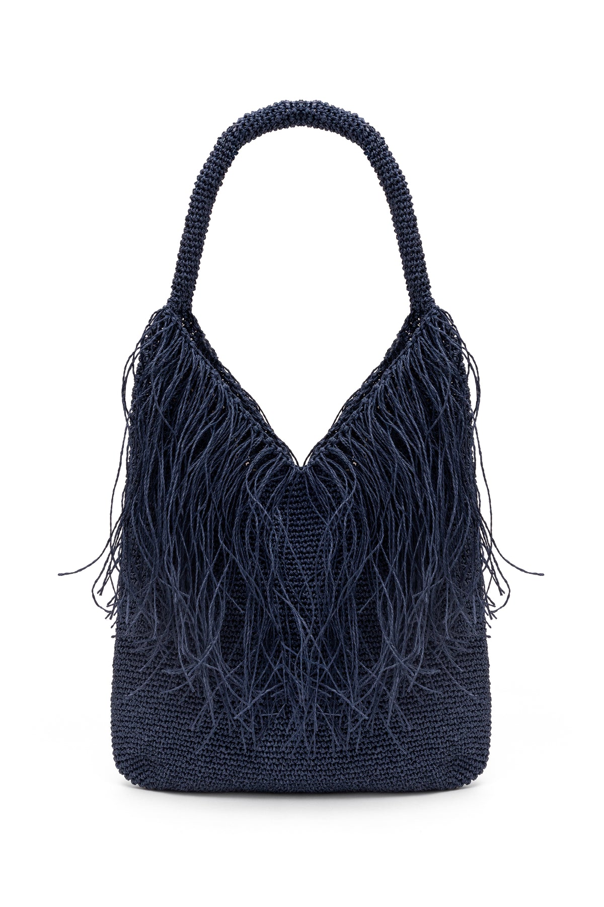 Straw-Look Fringed Shoulder Bag – Navy