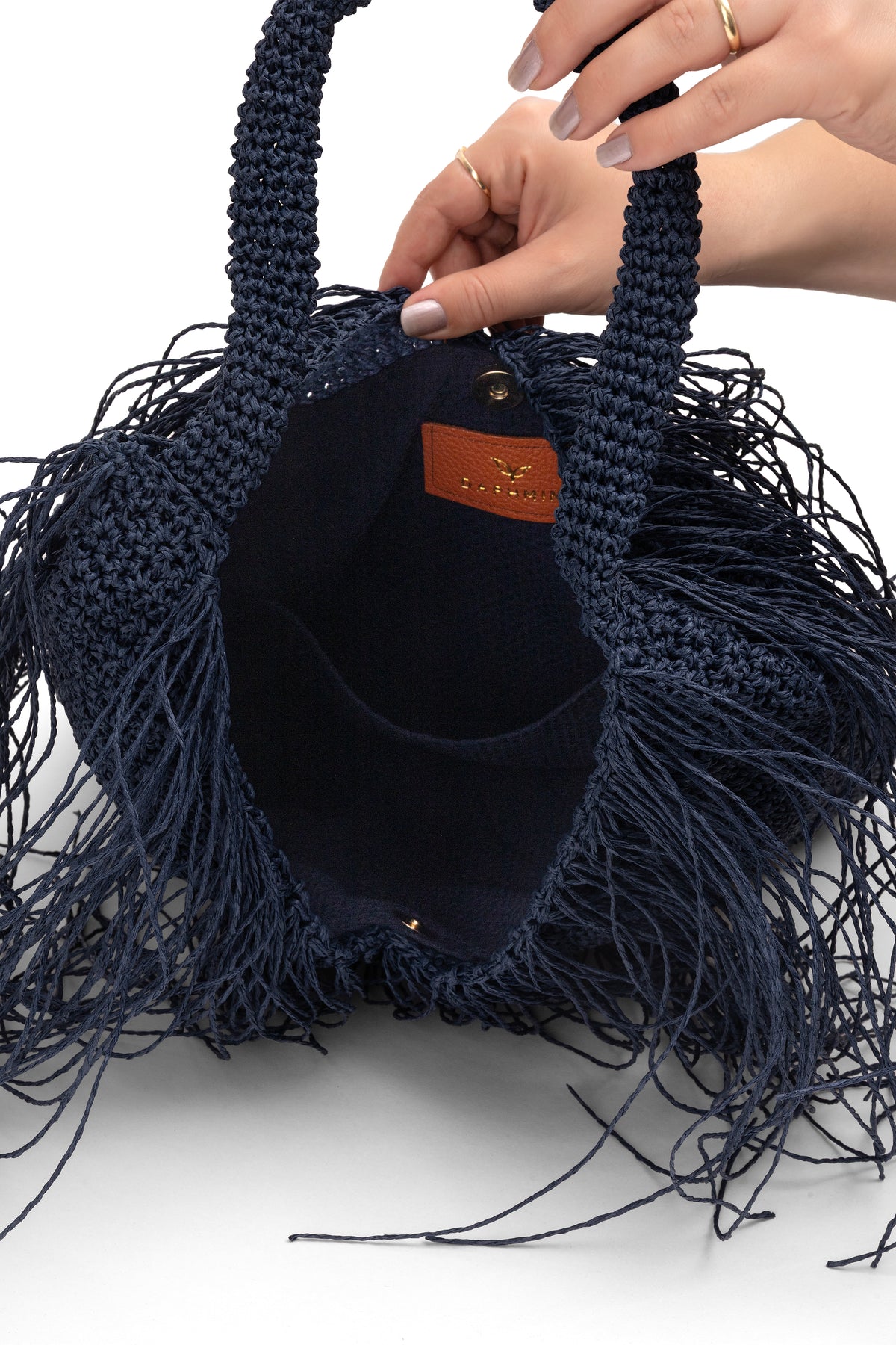 Straw-Look Fringed Shoulder Bag – Navy, image 4