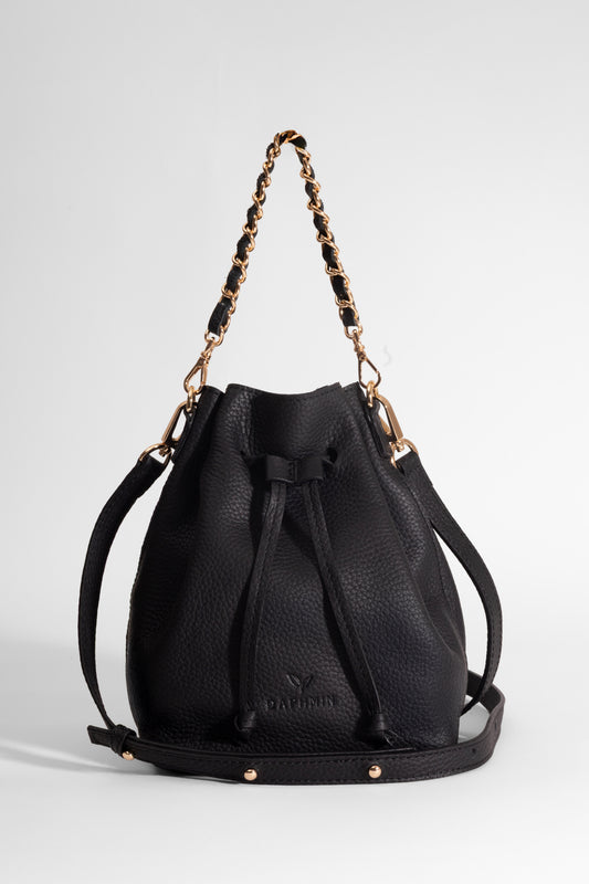 Sorellina Mini Bucket - Hakiki Deri Siyah Büzgülü Çanta