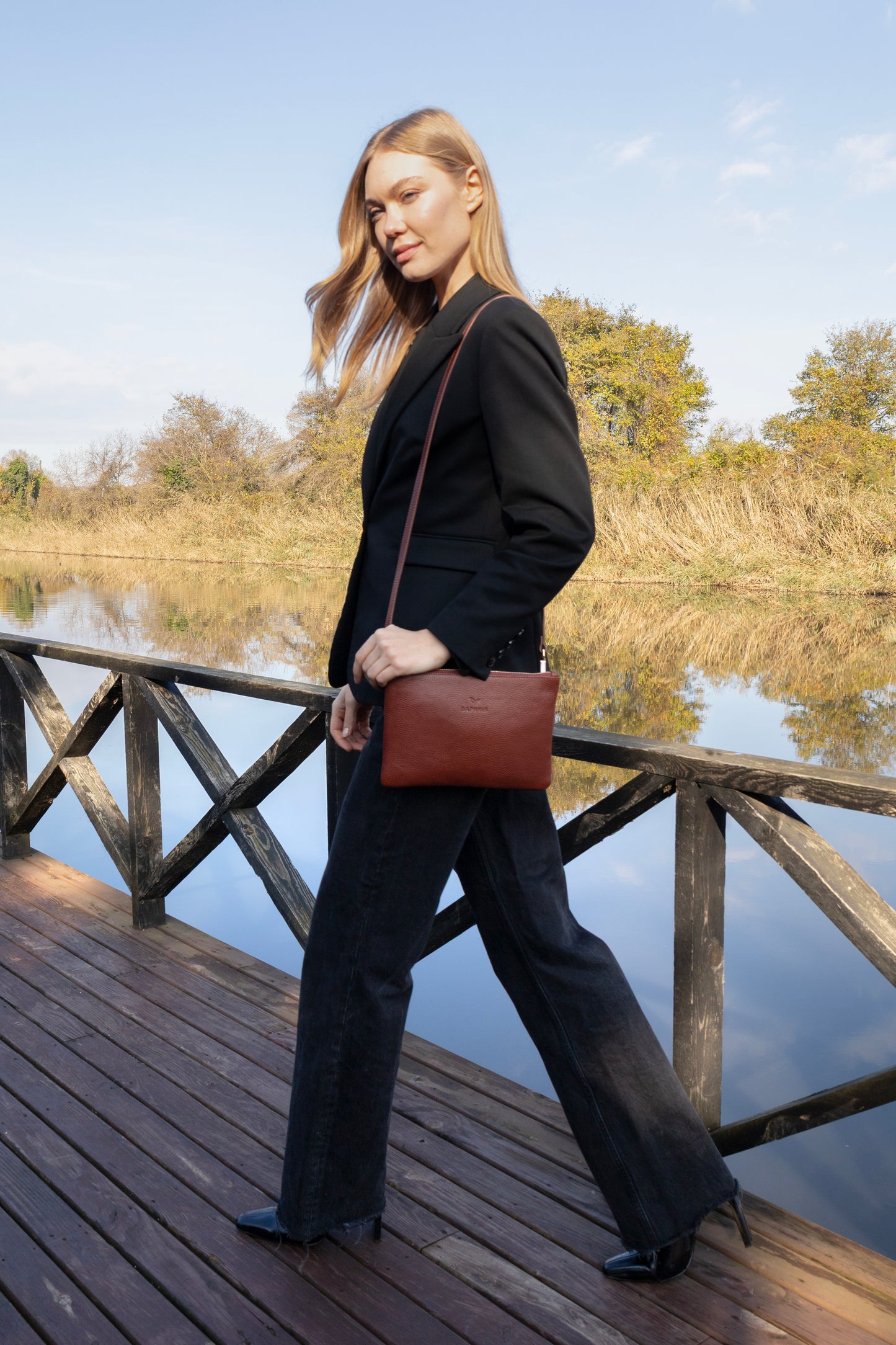 Carry Clutch - Kadın Hakiki Deri Omuz Askılı Taba Portföy/Çapraz Çanta