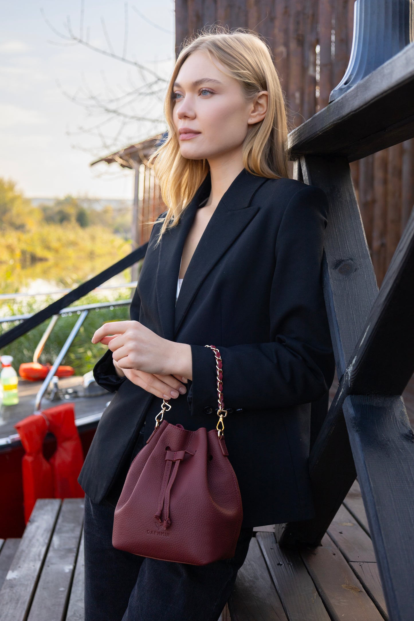 Sorellina Mini Bucket - Hakiki Deri Bordo Büzgülü Çanta