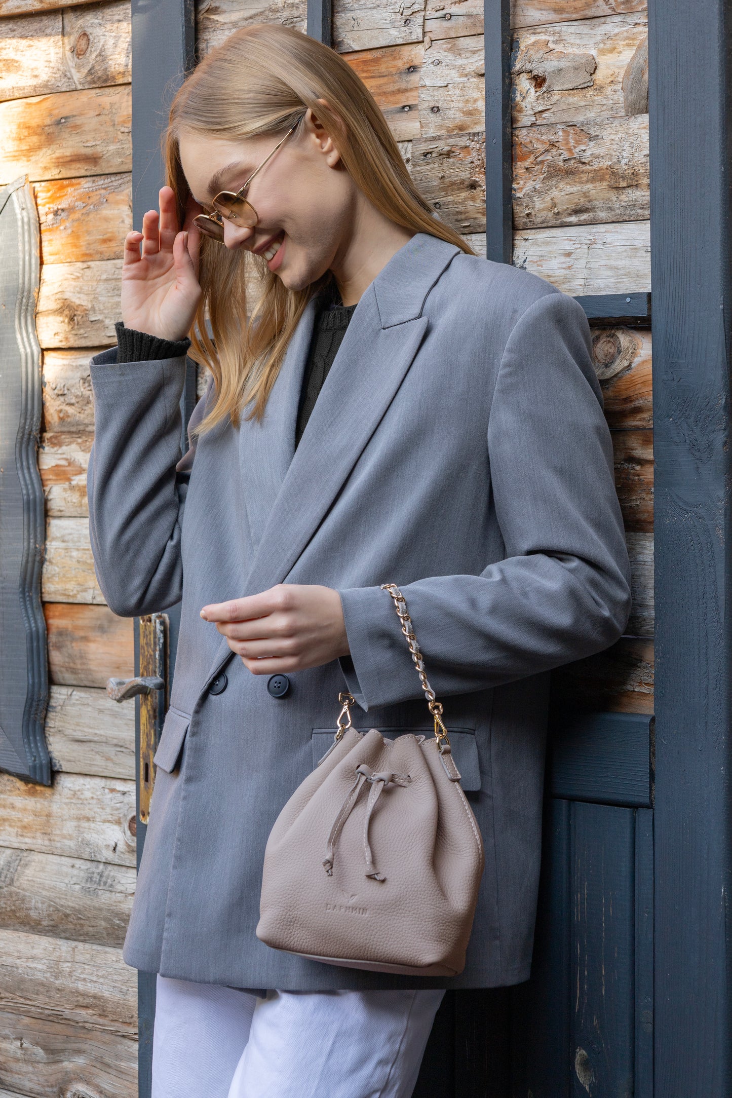 Sorellina Mini Bucket - Hakiki Deri Kum Büzgülü Çanta