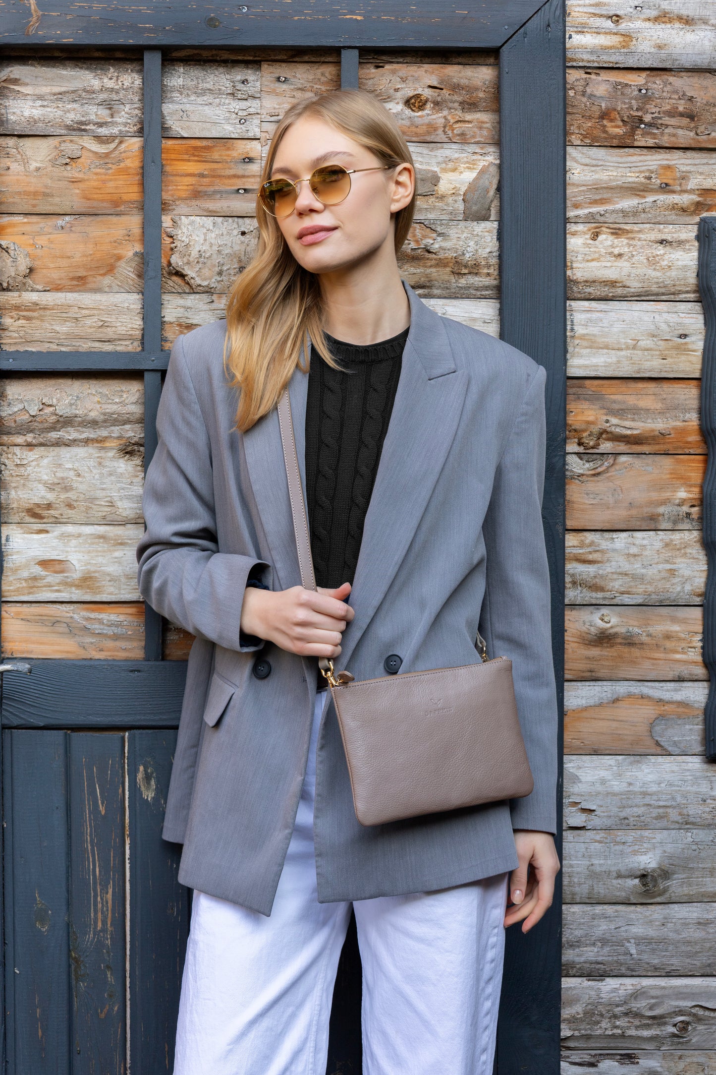 Carry Clutch - Kadın Hakiki Deri Omuz Askılı Vizon Portföy/Çapraz Çanta