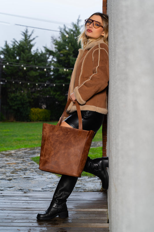 Daphne Everyday Large Tote - Taba Hakiki Deri Omuz Çantası