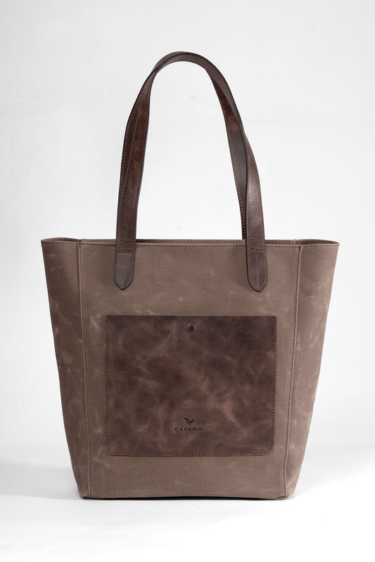 Daphne Everyday Large Kanvas Tote - Kahverengi Omuz Çantası (Hakiki Deri Garnili)