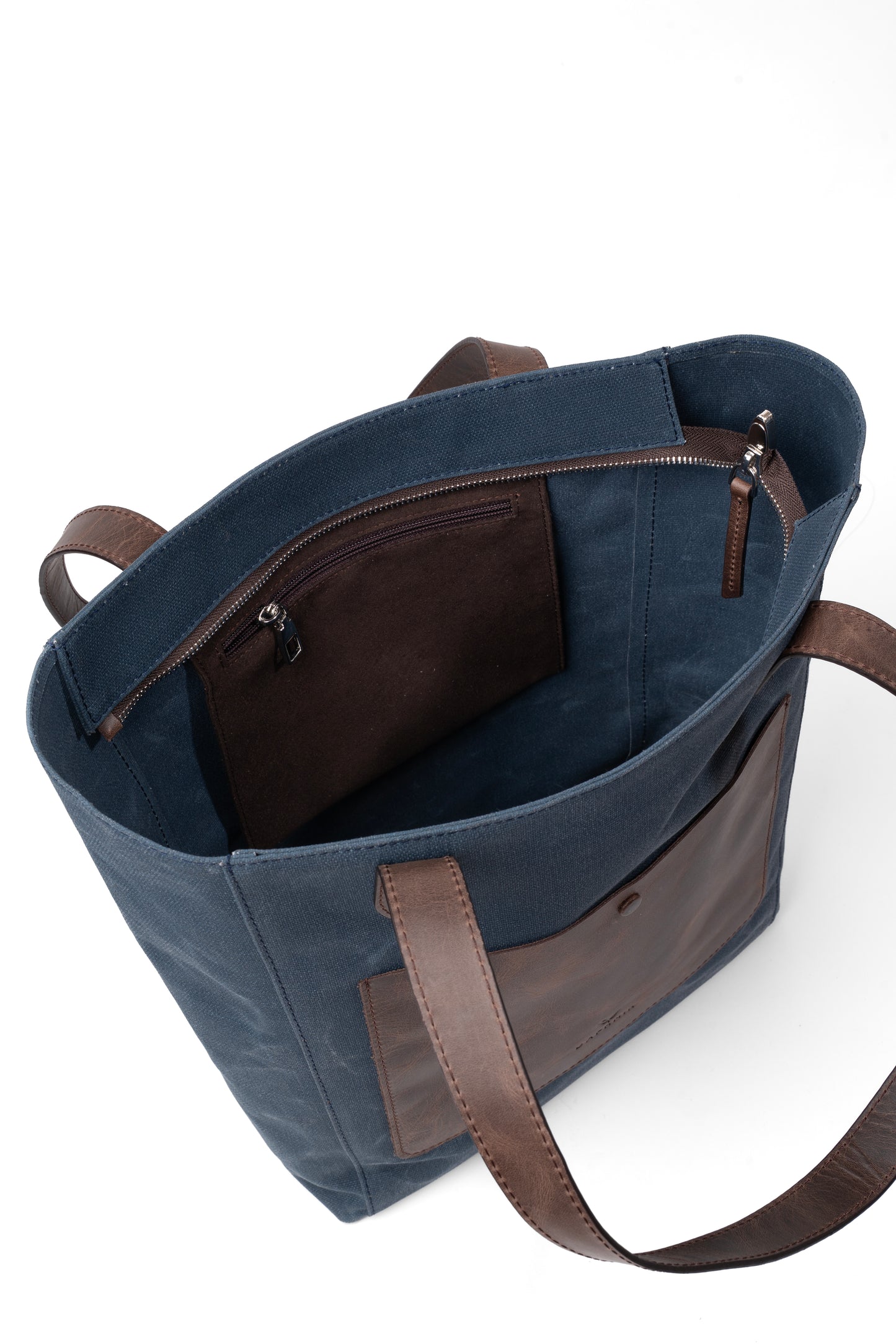 Daphne Everyday Large Kanvas Tote - Mavi Omuz Çantası (Hakiki Deri Garnili)
