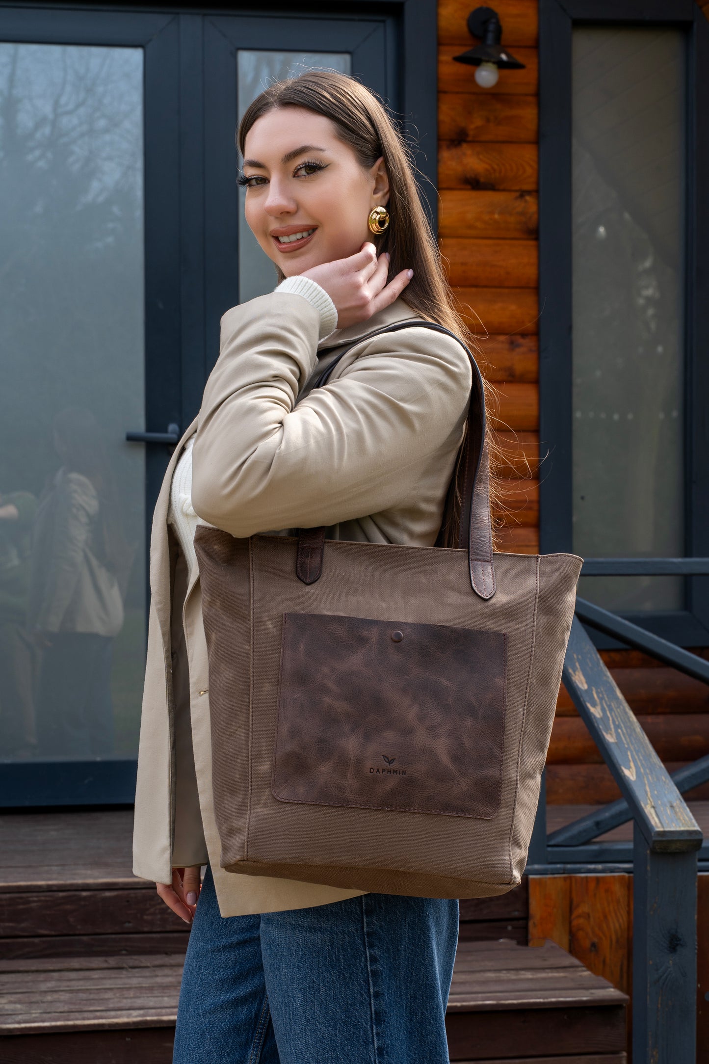 Daphne Everyday Large Kanvas Tote - Kahverengi Omuz Çantası (Hakiki Deri Garnili)