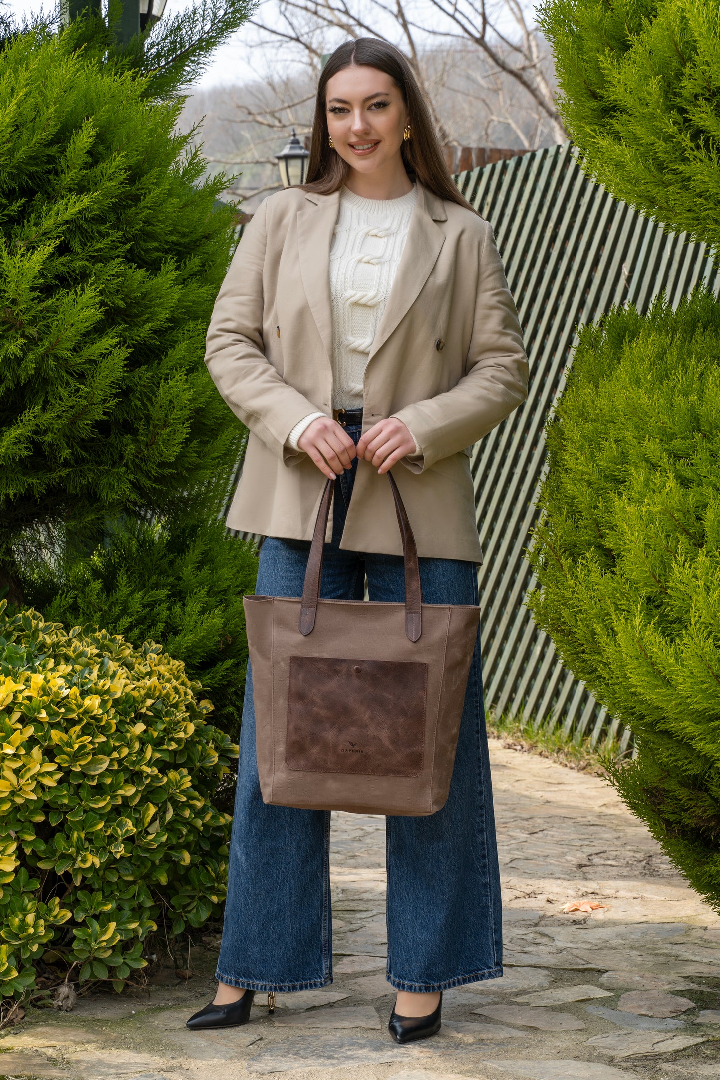 Daphne Everyday Large Kanvas Tote - Kahverengi Omuz Çantası (Hakiki Deri Garnili)