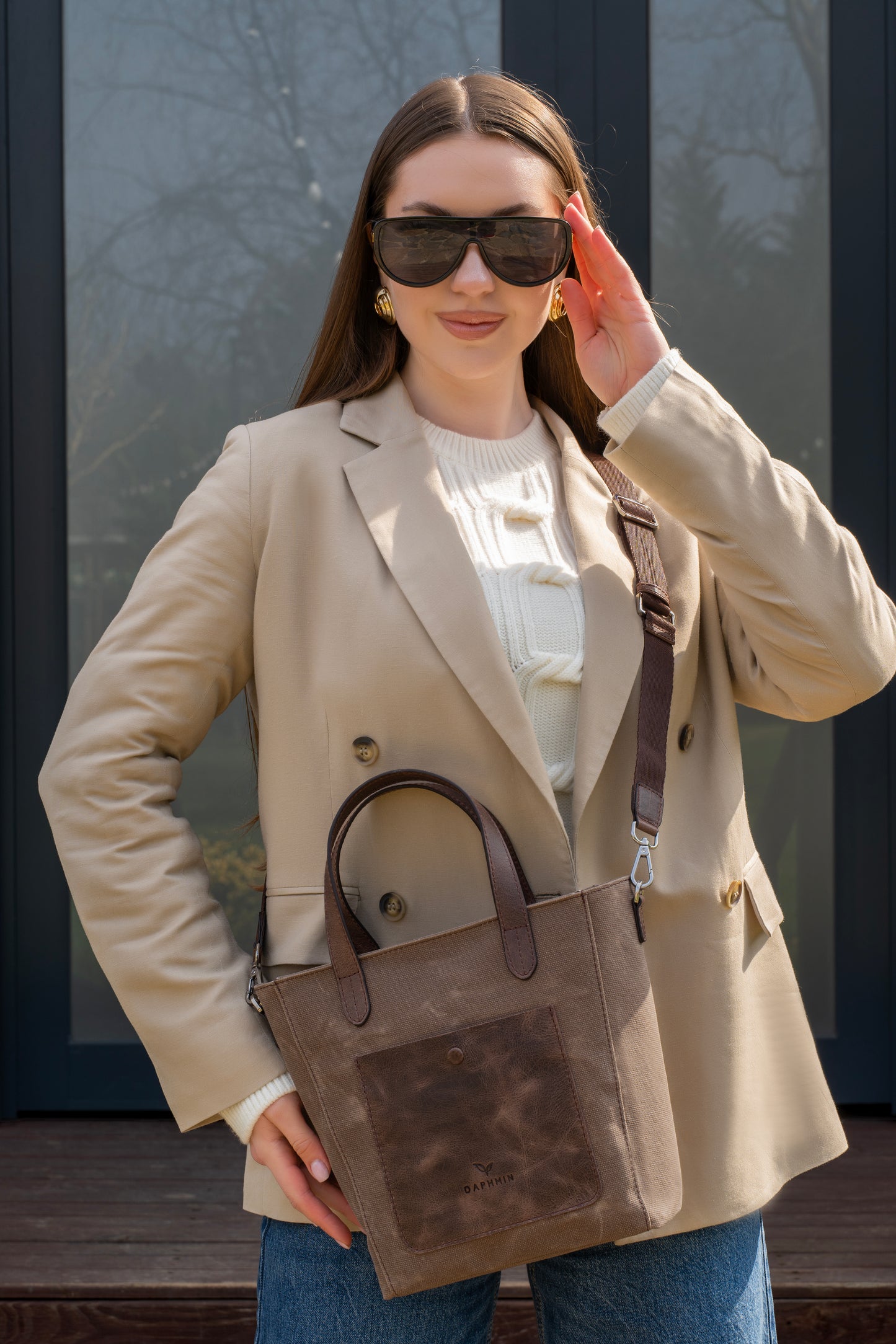 Daphne Flex Small Kanvas Tote - Kahverengi El ve Omuz Çantası (Hakiki Deri Garnili)