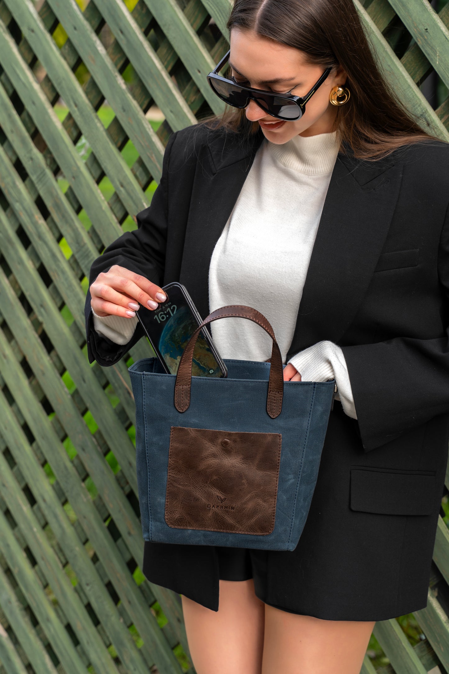 Daphne Flex Small Kanvas Tote - Mavi El ve Omuz Çantası (Hakiki Deri Garnili)