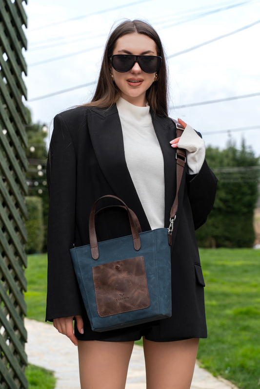 Daphne Flex Small Kanvas Tote - Mavi El ve Omuz Çantası (Hakiki Deri Garnili)