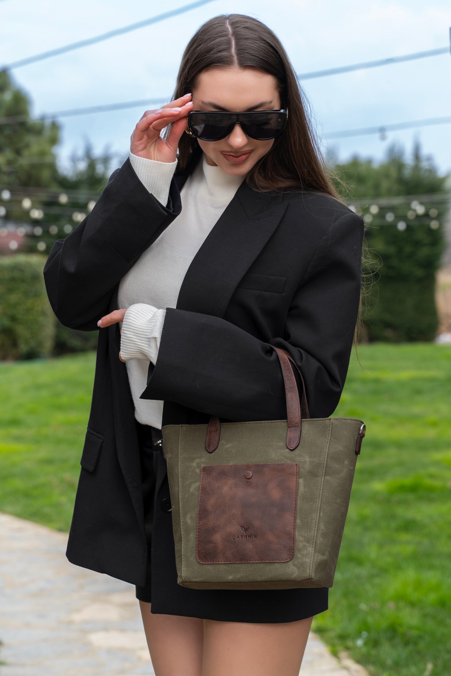 Daphne Flex Small Kanvas Tote - Haki El ve Omuz Çantası (Hakiki Deri Garnili)