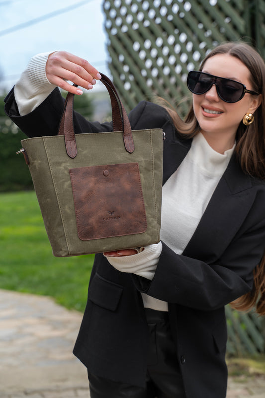 Daphne Flex Small Kanvas Tote - Haki El ve Omuz Çantası (Hakiki Deri Garnili)