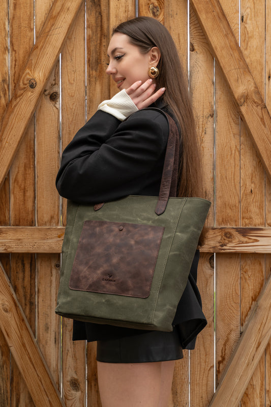 Daphne Everyday Large Kanvas Tote - Haki Omuz Çantası (Hakiki Deri Garnili)